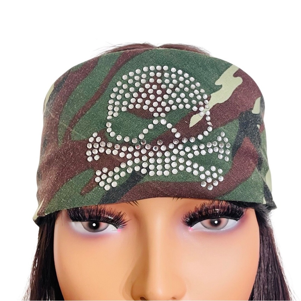Luxe Swarovski Crystal Skull & Crossbones Camo Bandana | Rocker Chic Headscarf - Picture 5 of 5